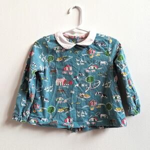 Baby Boden Shirt Girls Sz 18-24m Blue Farm Peter Pan Collar Long Sleeve